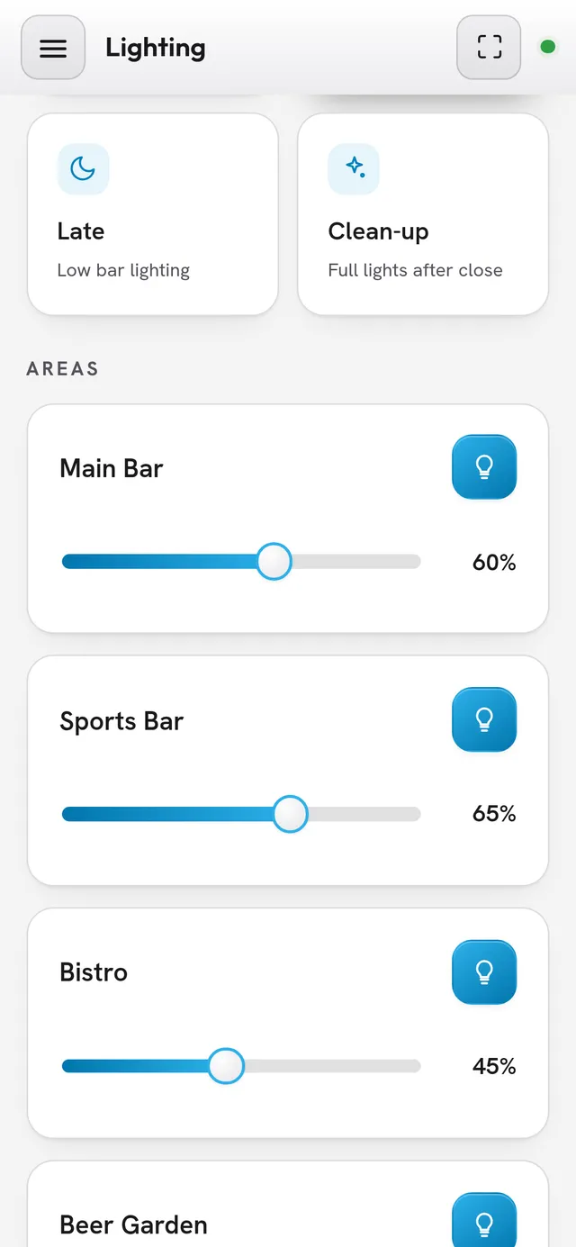 The same panel on a phone, the Lighting page
