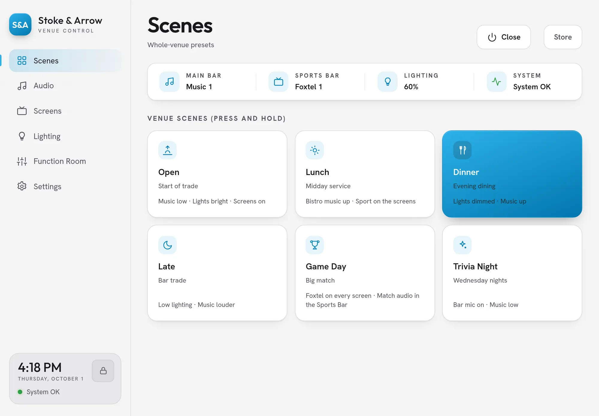 Venue control panel, the Scenes page