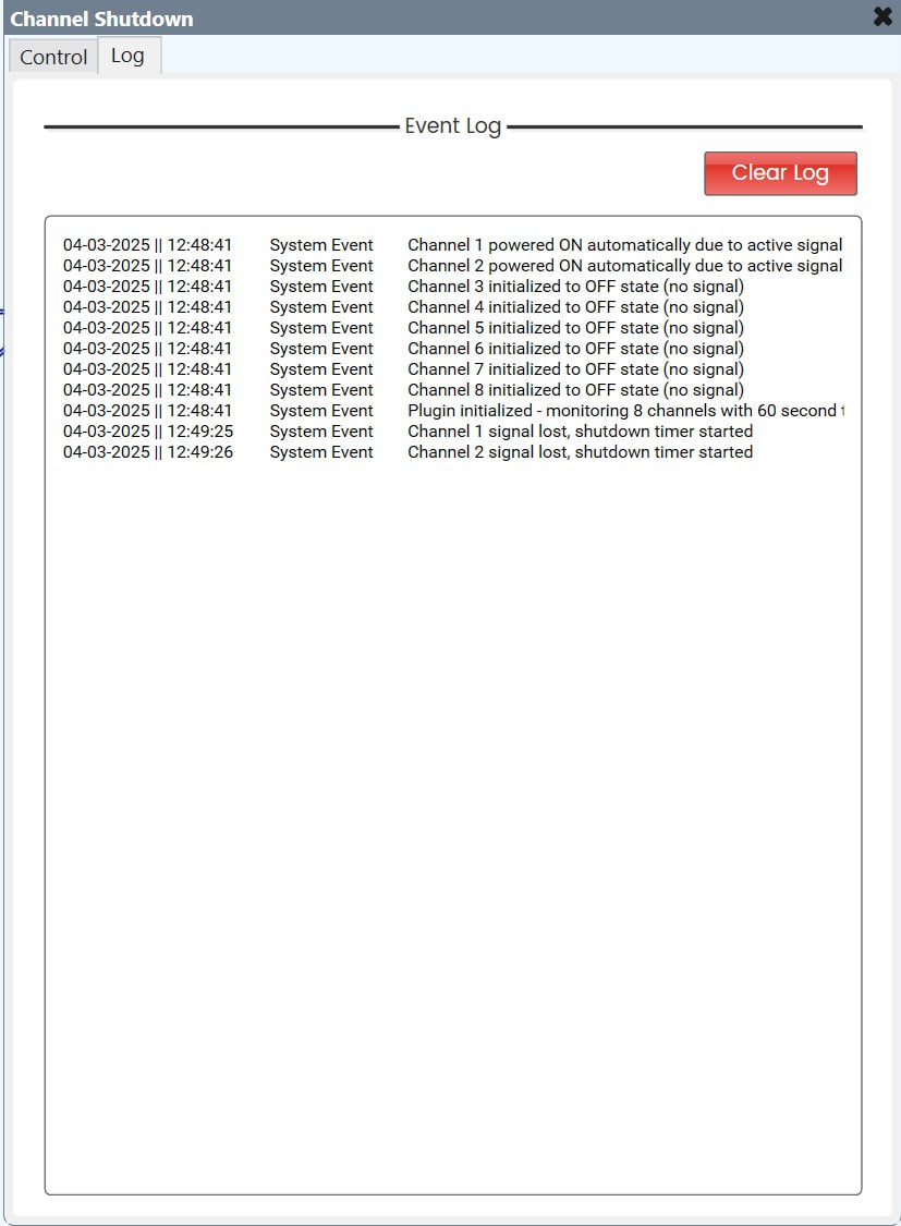 Signal Auto Shutdown Q-SYS interface showing 8 channel monitoring