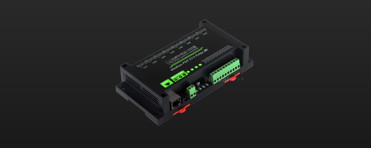 WaveShare Modbus PoE ETH Relay (B) module with 8 relay outputs and 8 digital inputs